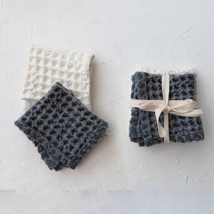 Waffle Square Towel (Set of 2) - Charcoal + White