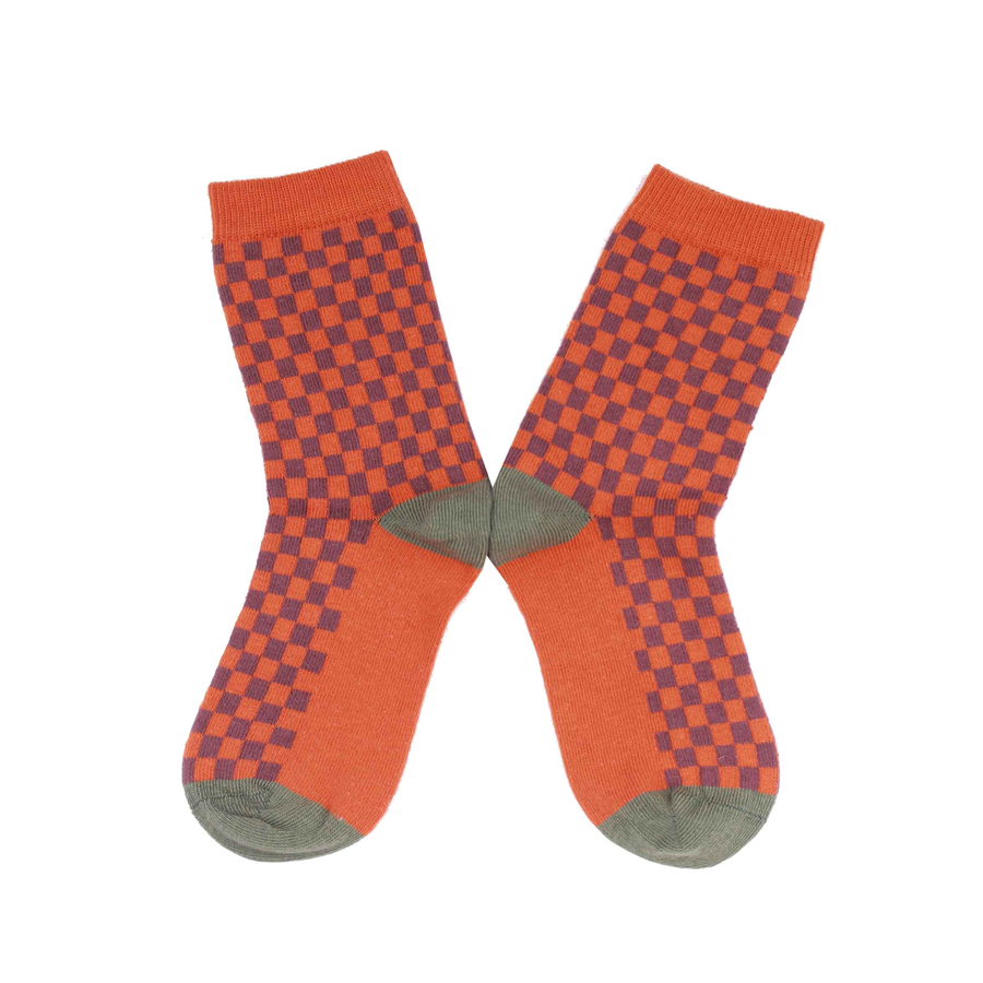 Children's Checkerboard Organic Cotton Sock -Orange / Purple (<3yrs)