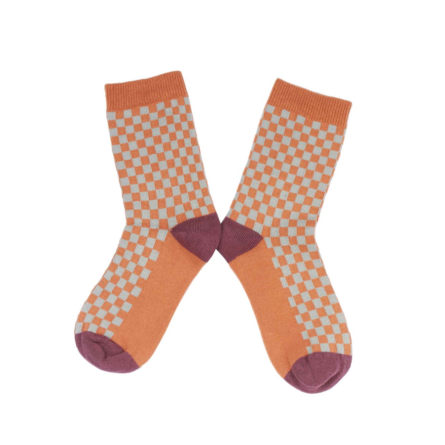 Children's Checkerboard Organic Cotton Sock - Caramel / Sage (<3yrs)