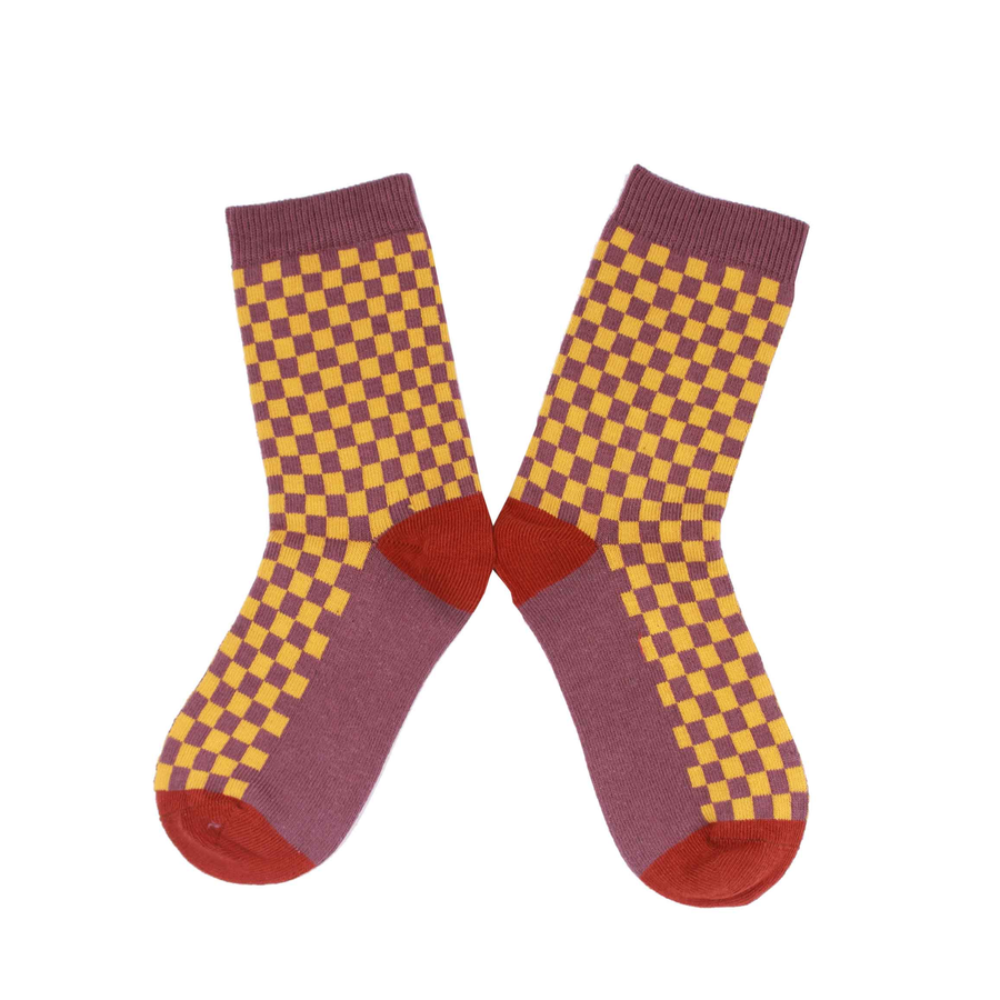 Children's Checkerboard Organic Cotton Sock - Purple / Mustard (<3yrs)