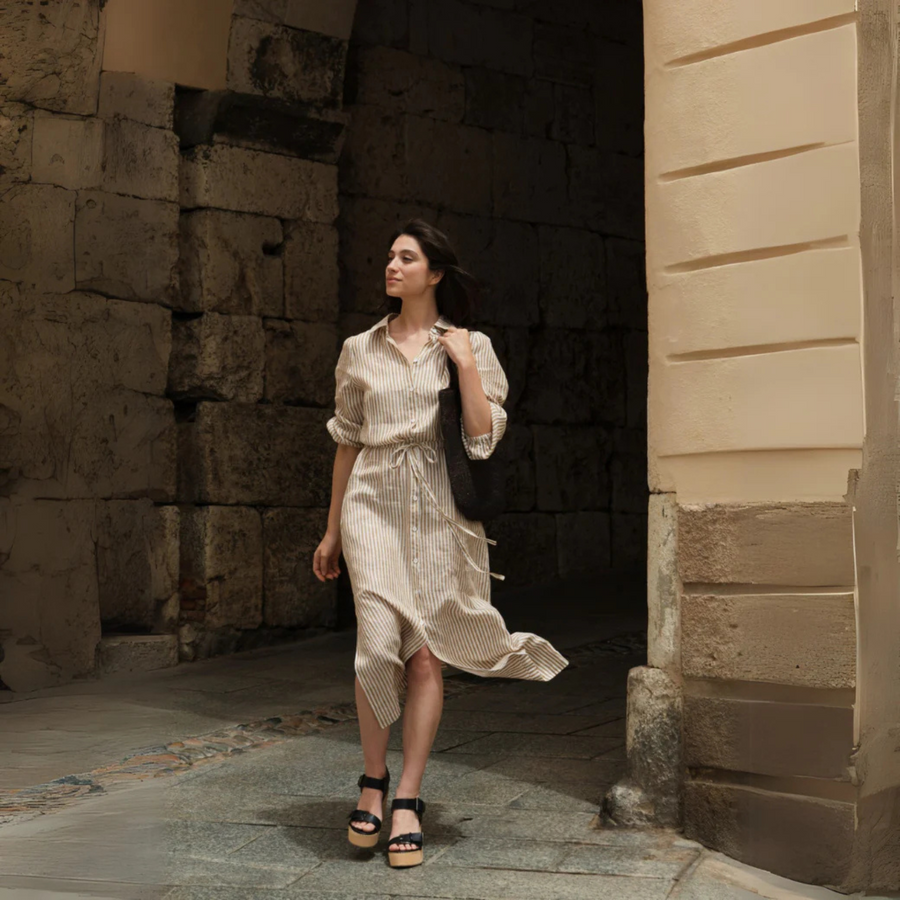 Rumba Linen Dress - Khaki / White Stripe