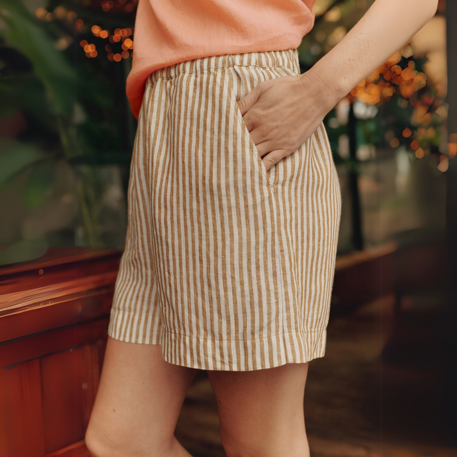 Isle Linen Shorts - White / Khaki Stripe