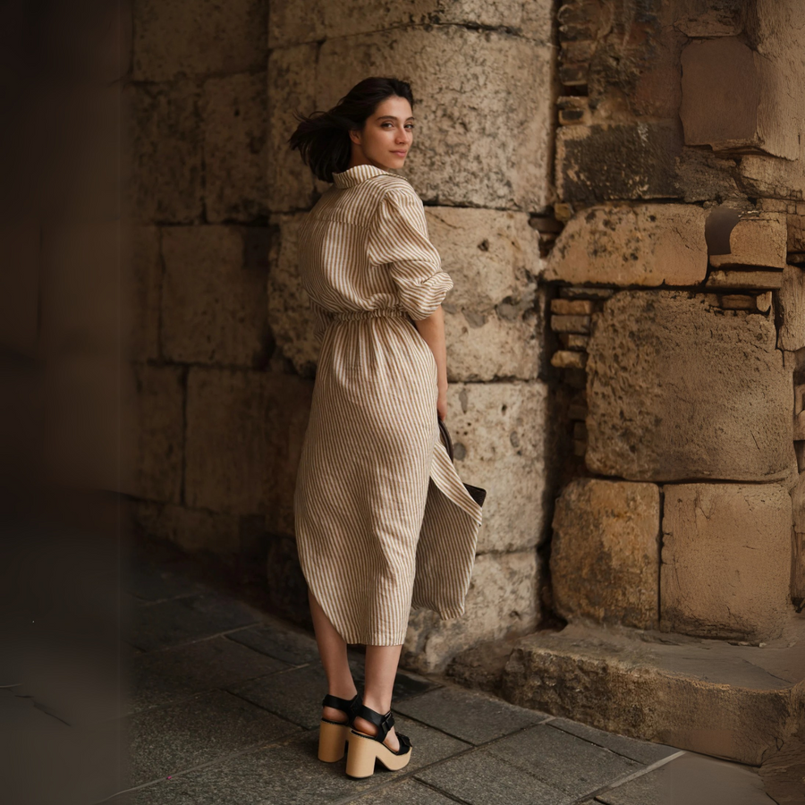 Rumba Linen Dress - Khaki / White Stripe