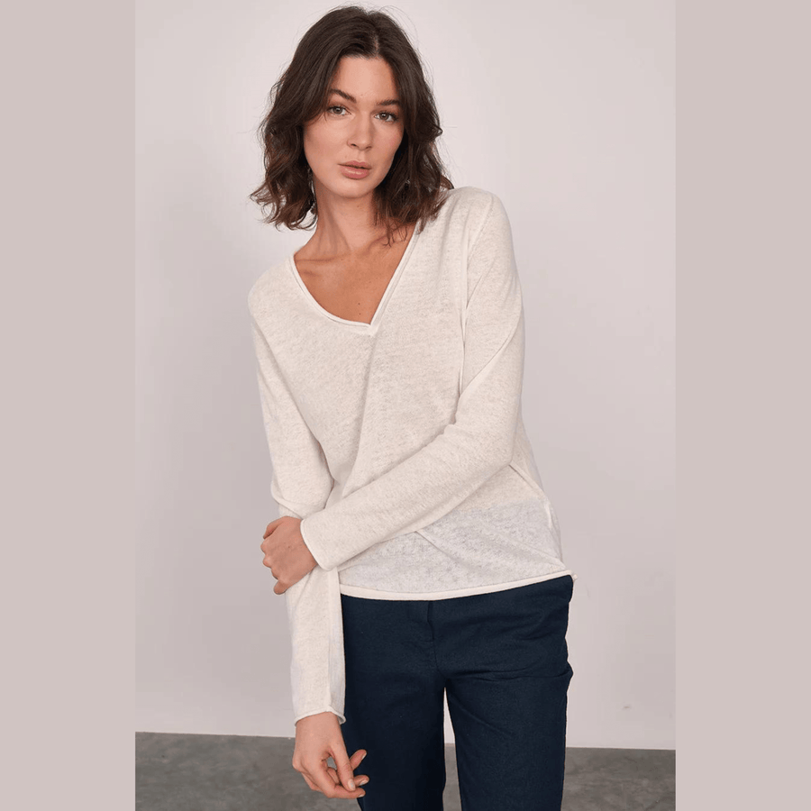 Cadine Clothing Cella Linen Cotton V-neck Sweater - Off-white