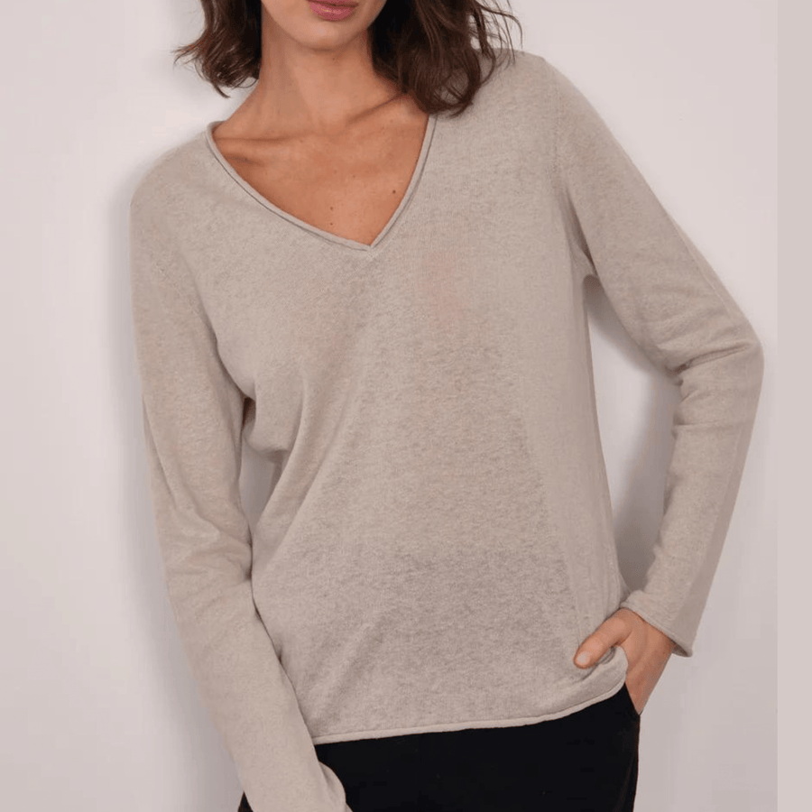 Cadine Clothing Cella Linen Cotton V-neck Sweater - Stone Grey