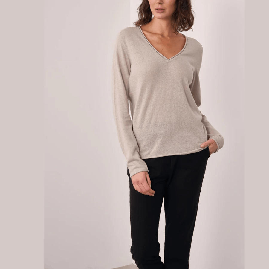 Cadine Clothing Cella Linen Cotton V-neck Sweater - Stone Grey