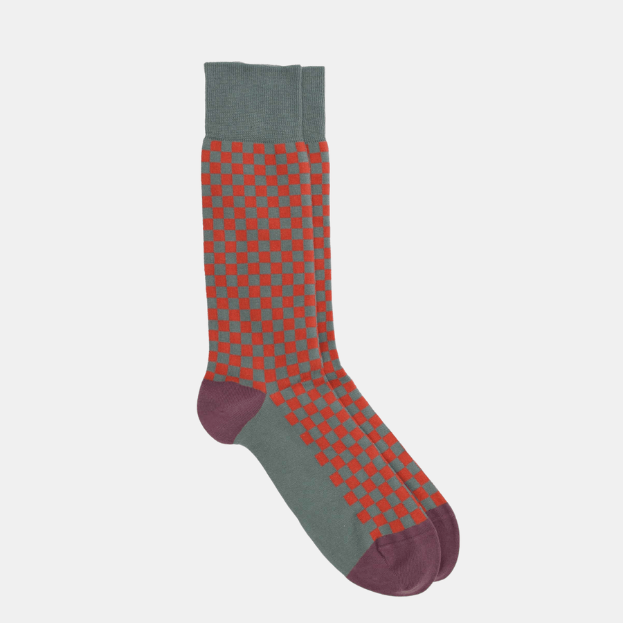 Cadine Clothing Men's Checkerboard Organic Cotton Sock - Sage / Orange