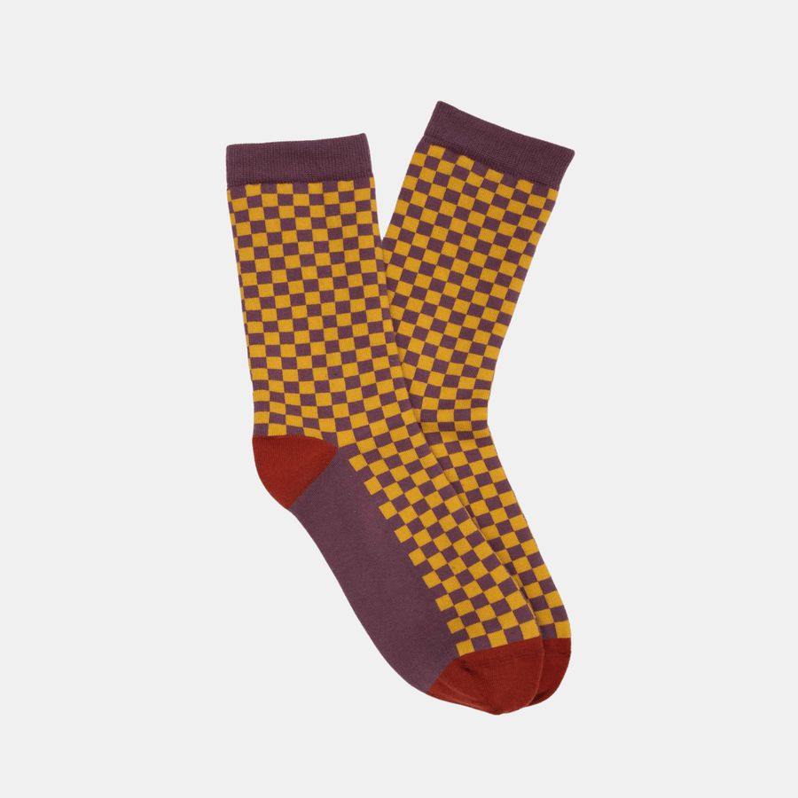 Cadine Clothing Women's Checkerboard Organic Cotton Sock - Purple / Mustard